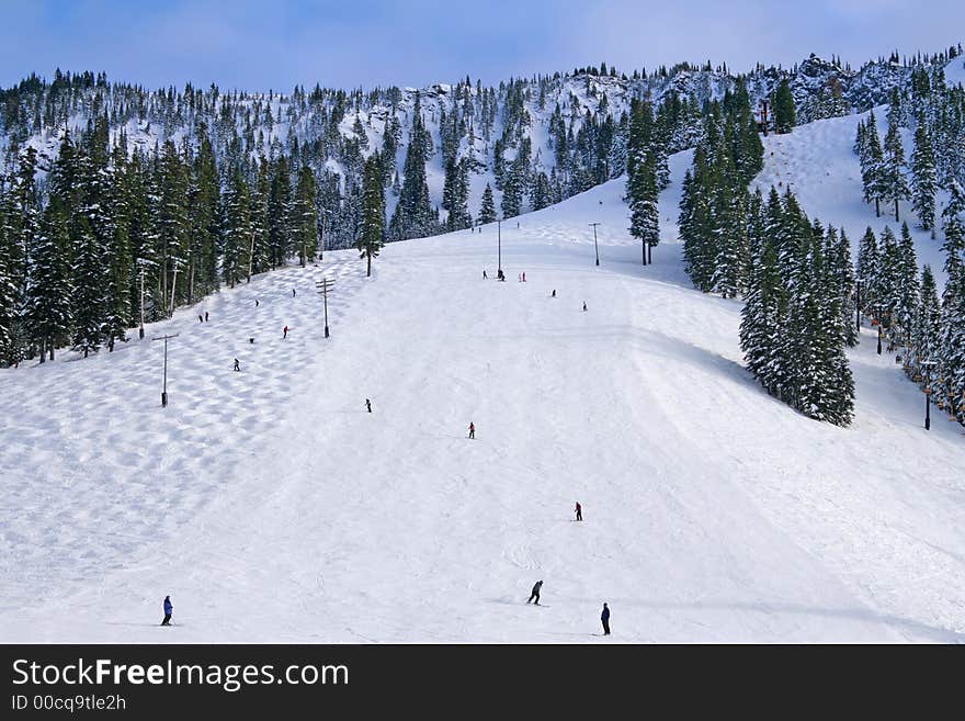 Snow slopes with skiers and lifts. Snow slopes with skiers and lifts