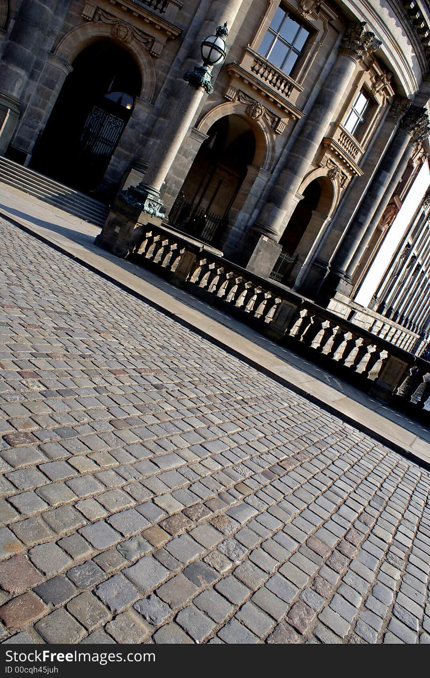 The cobblestoned bridge outside the Bode Museum on Berlin's Museum Island. The cobblestoned bridge outside the Bode Museum on Berlin's Museum Island