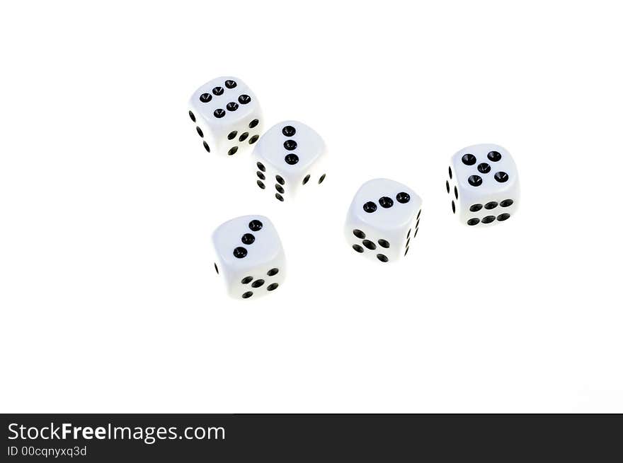 Five dices on white background