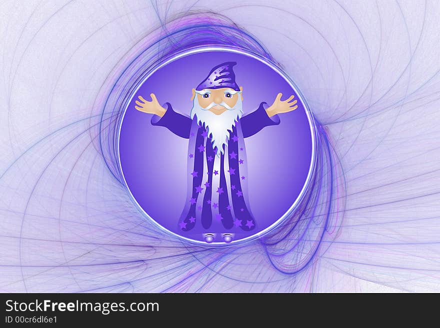 Wizard and globe over purple and white background.