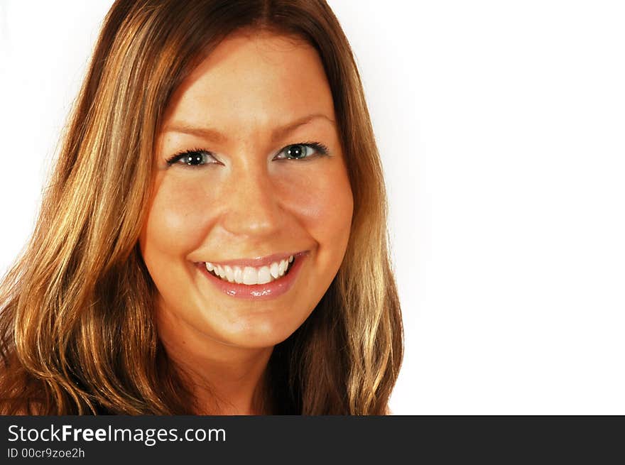 Smiling sexy young woman against a white background with space on the right for text. Smiling sexy young woman against a white background with space on the right for text.