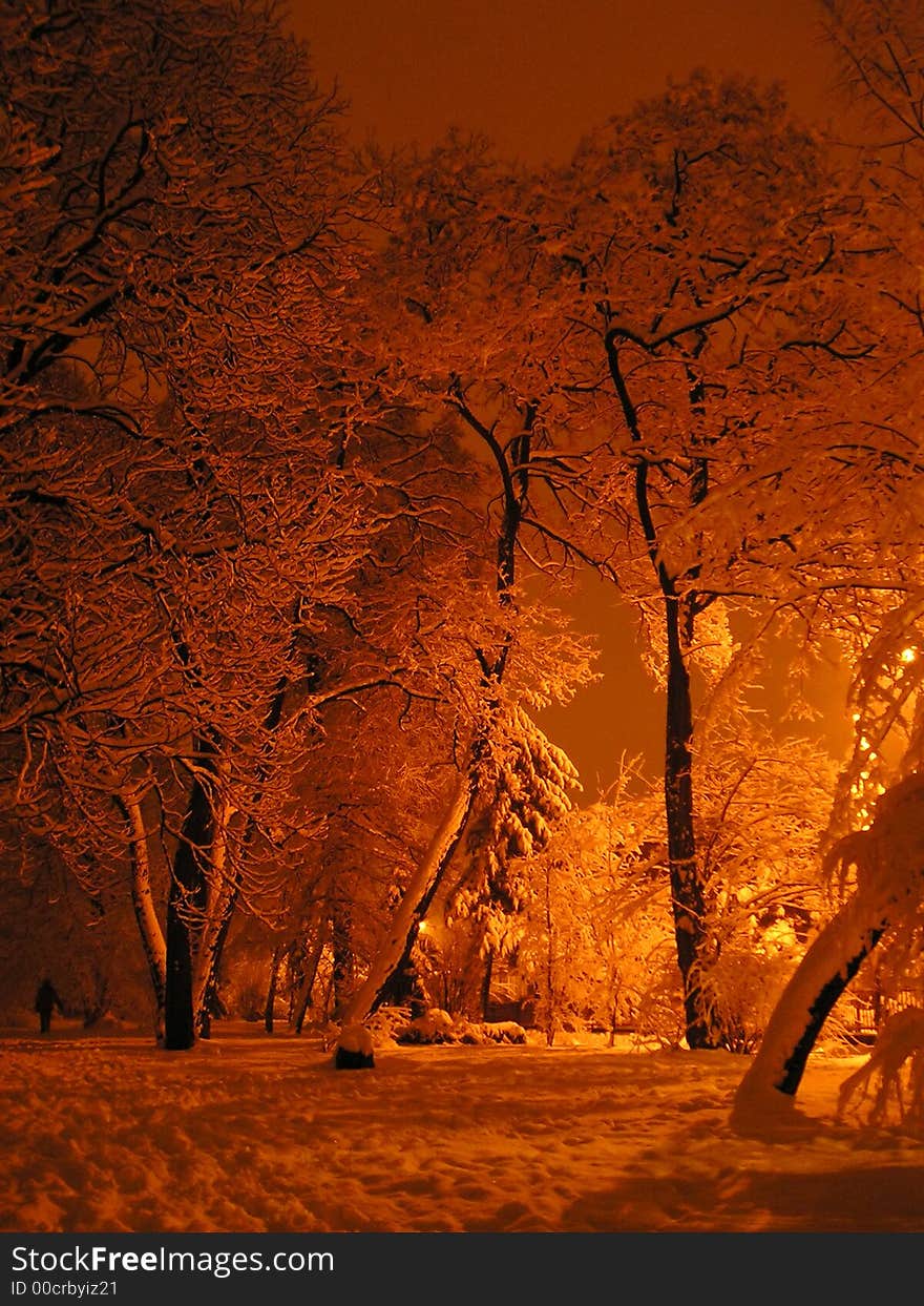 An  impressive evening streetlights in the winter. An  impressive evening streetlights in the winter