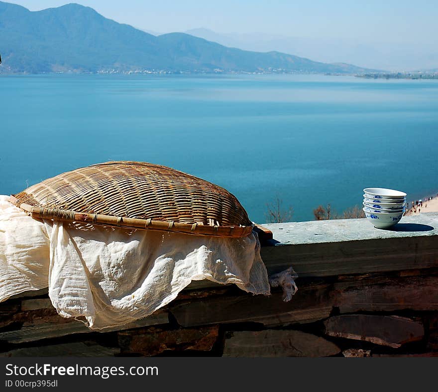 Dustpan and bowl in eatery of Xichang Sichuan China