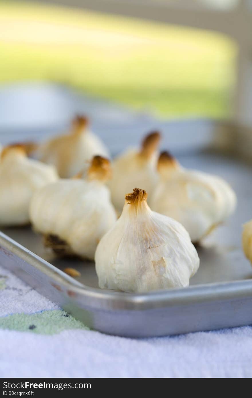 Bulbs of Roasted Garlic on a roasting pan fresh out of the oven. Bulbs of Roasted Garlic on a roasting pan fresh out of the oven