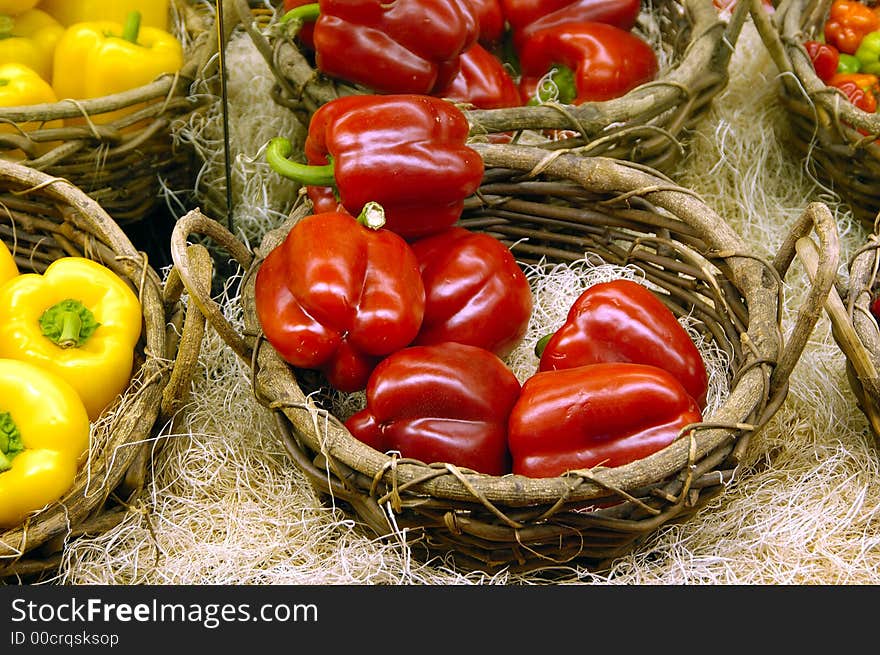 Colorful peppers on display at marketplace