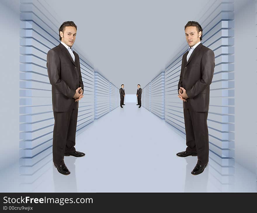 Business people lined up in a long hallway. Business people lined up in a long hallway