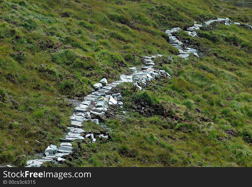 The picture taken in Ireland shows a long stony way following upwards a diagonal through the photograph. Peat and grassland are visible at the upper left and lower right side of the waystones.