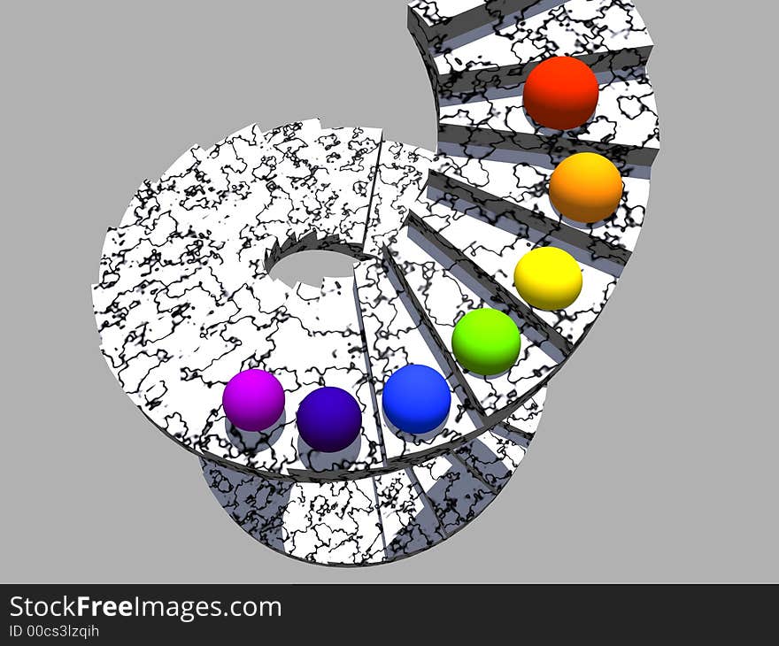 Stair with descending rainbow coloured spheres. computer generated!. Stair with descending rainbow coloured spheres. computer generated!