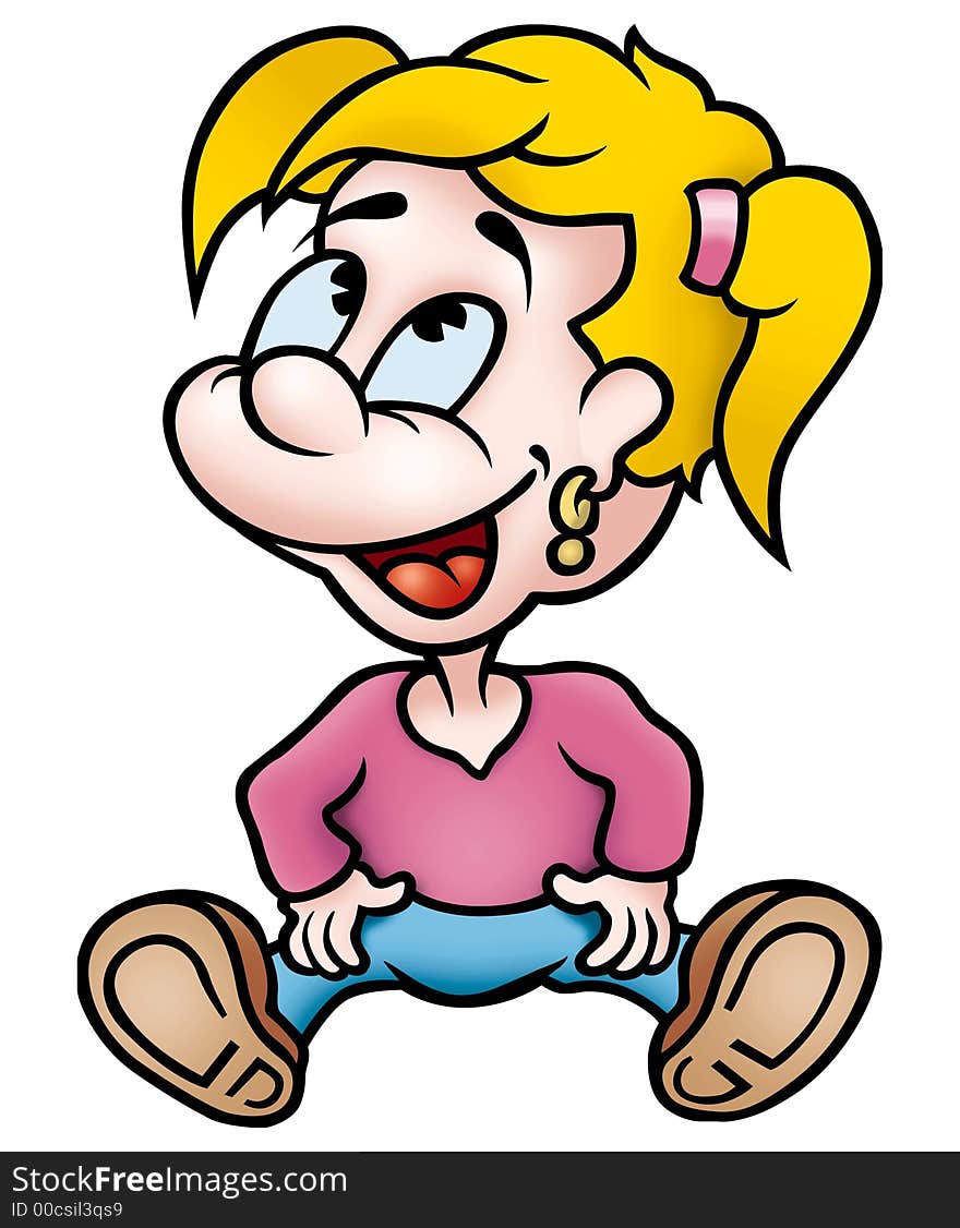 Little Girl 04 - High detailed and coloured illustration - Sitting pony-tailed girl