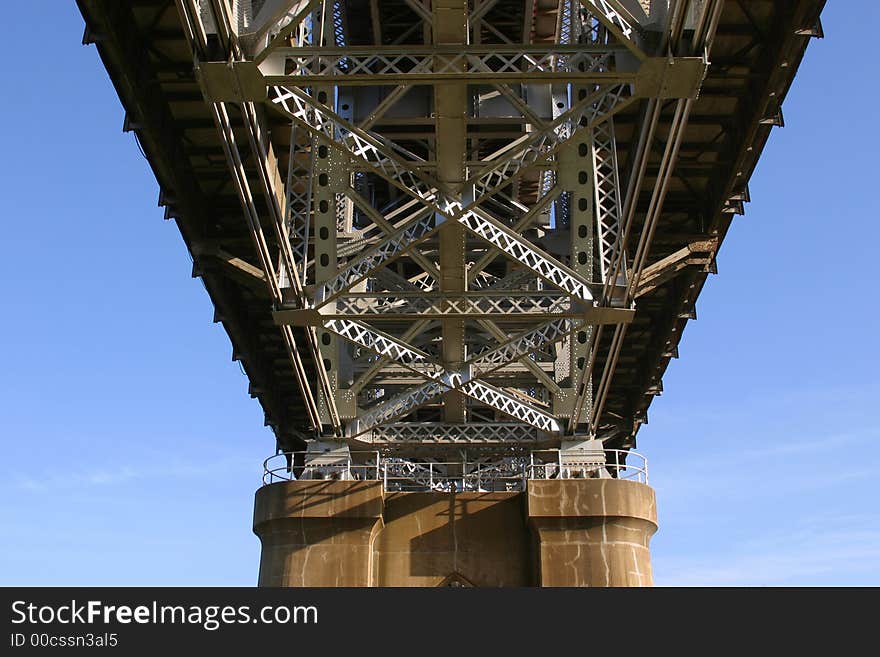 View from below the Huey P Long Bridge as it crosses the Mississippi River north of New Orleans.