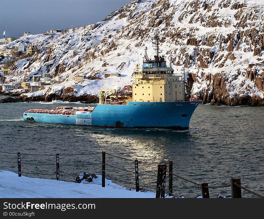 A supply boat that delivers supplies to offshore oil rigs. A supply boat that delivers supplies to offshore oil rigs