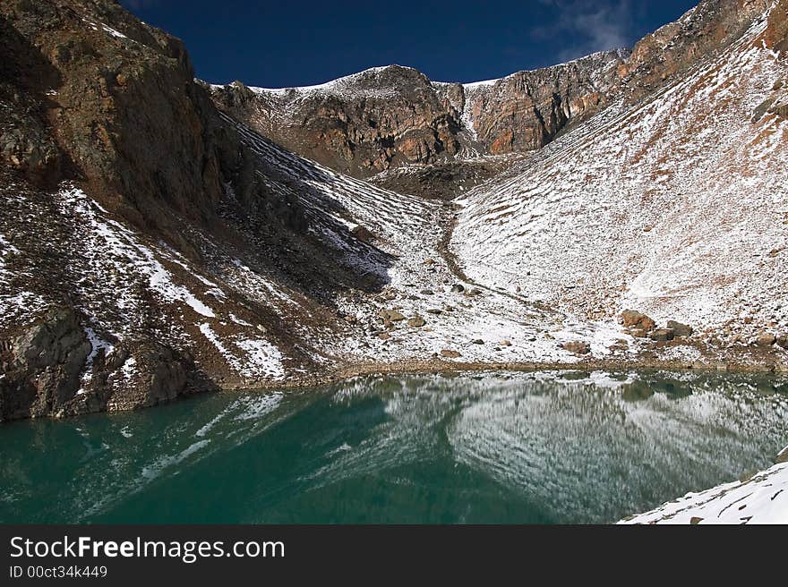 Turquoise lake and mountains.