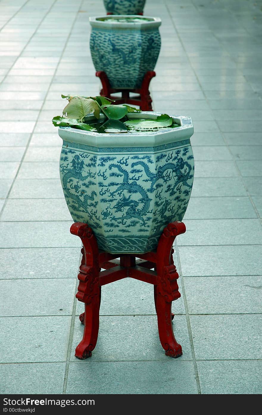 Lotus plants and pots at the Chinese temple at Bang-pa Palace in Ayutthaya, Thailand