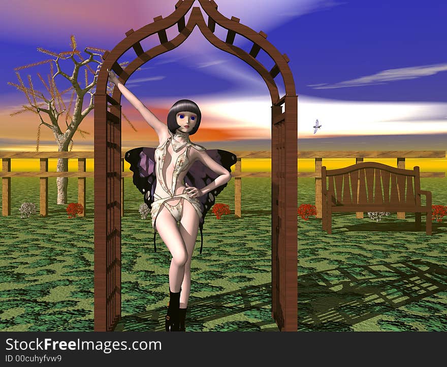 Computer generated scene of a Fairy in a model pose under an arch in a garden setting. Computer generated scene of a Fairy in a model pose under an arch in a garden setting