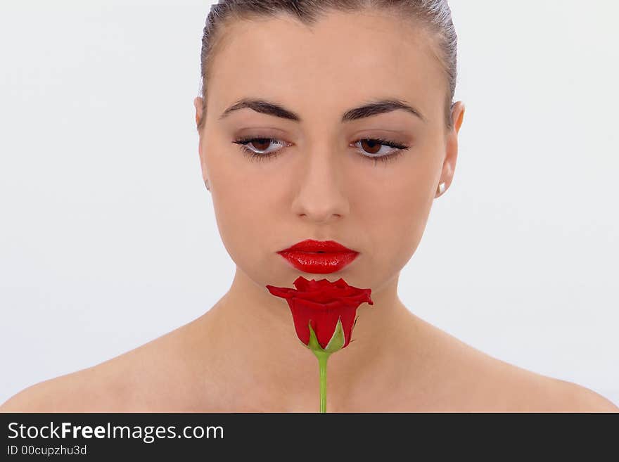 Isolated Portrait Of Beauty With Rose