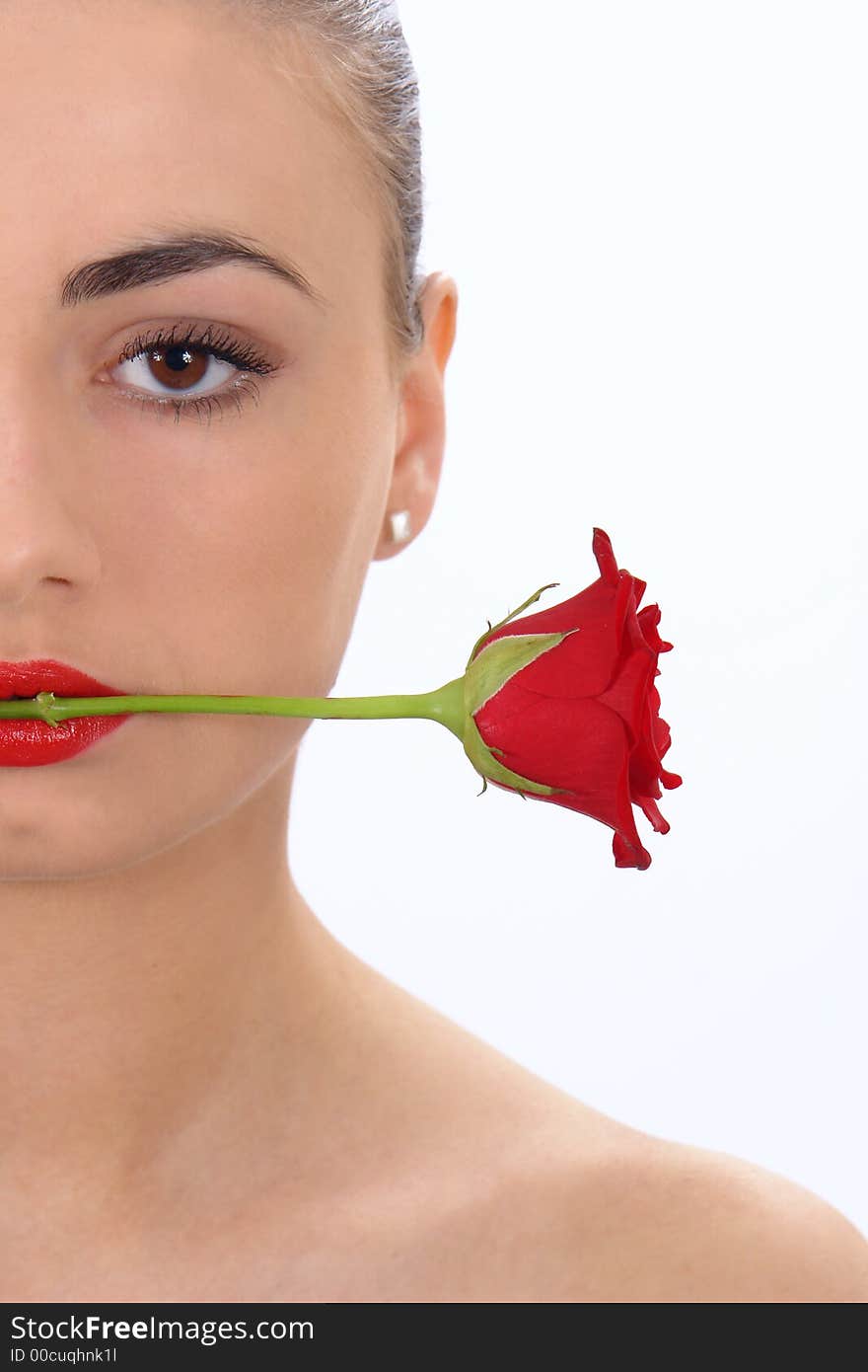 Isolated portrait of beauty with rose