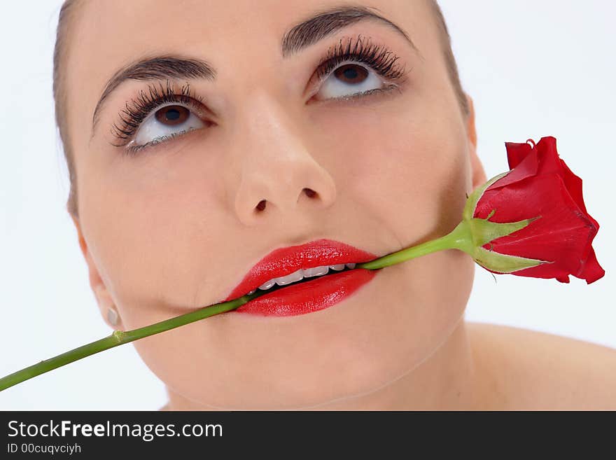 Isolated portrait of beauty with rose