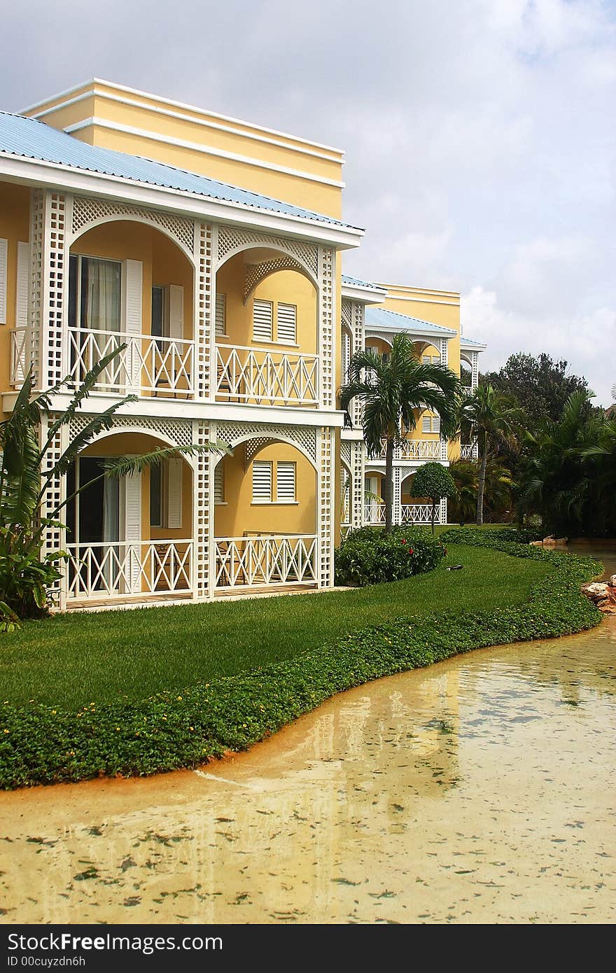 Partial view of a hotel with hacienda like details in Cancun, Riviera Maya, Quintana Roo, Mexico, Latin America. Partial view of a hotel with hacienda like details in Cancun, Riviera Maya, Quintana Roo, Mexico, Latin America