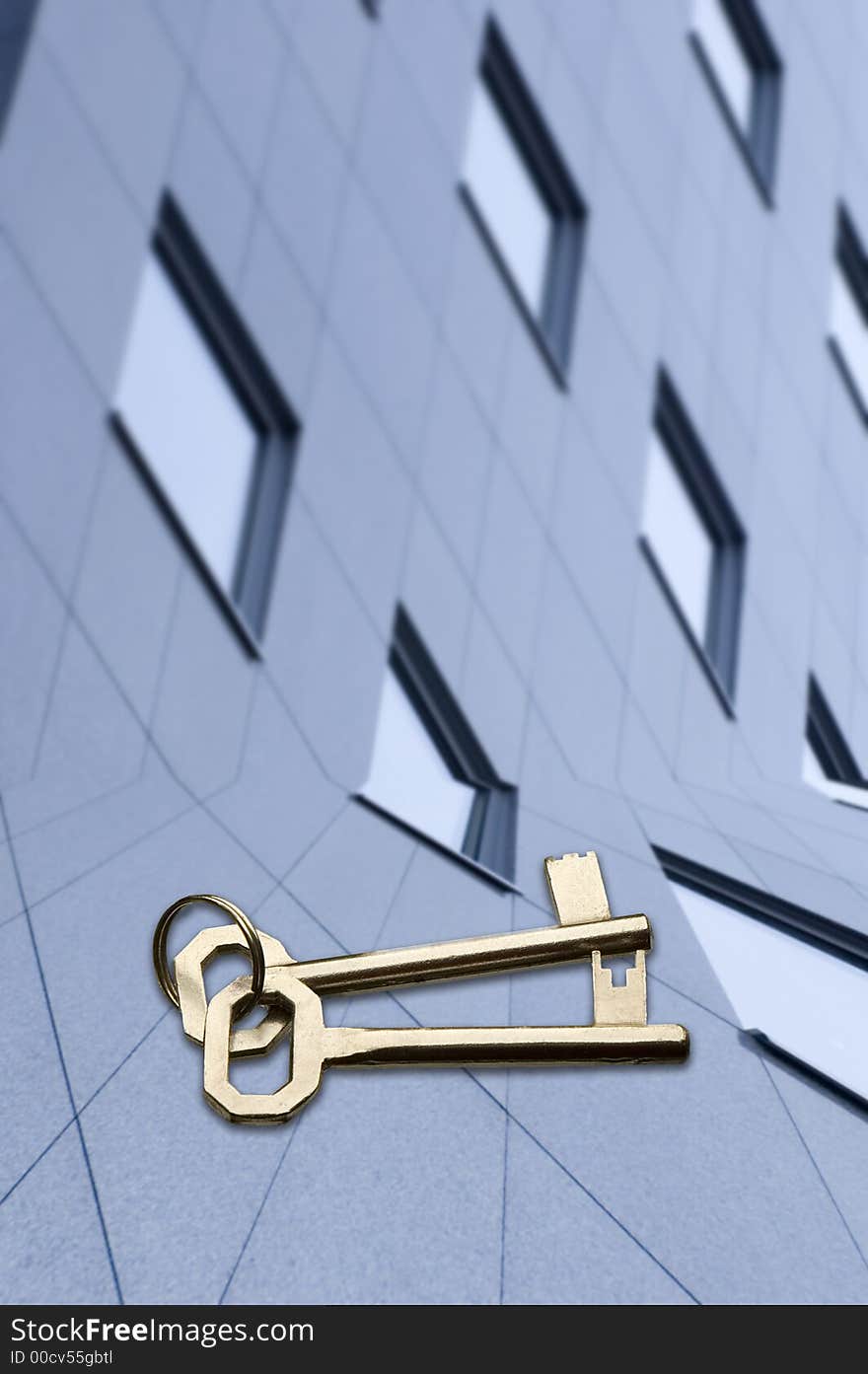 Two keys in front of business building concept