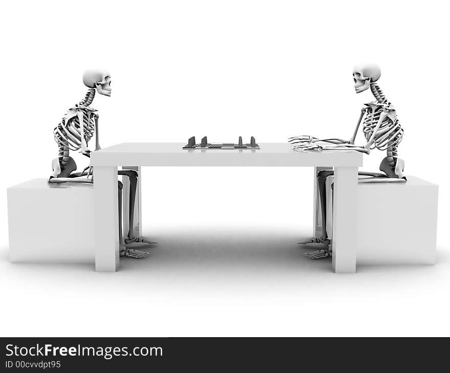 3d rendered skeletons are playing a game of chess. 3d rendered skeletons are playing a game of chess