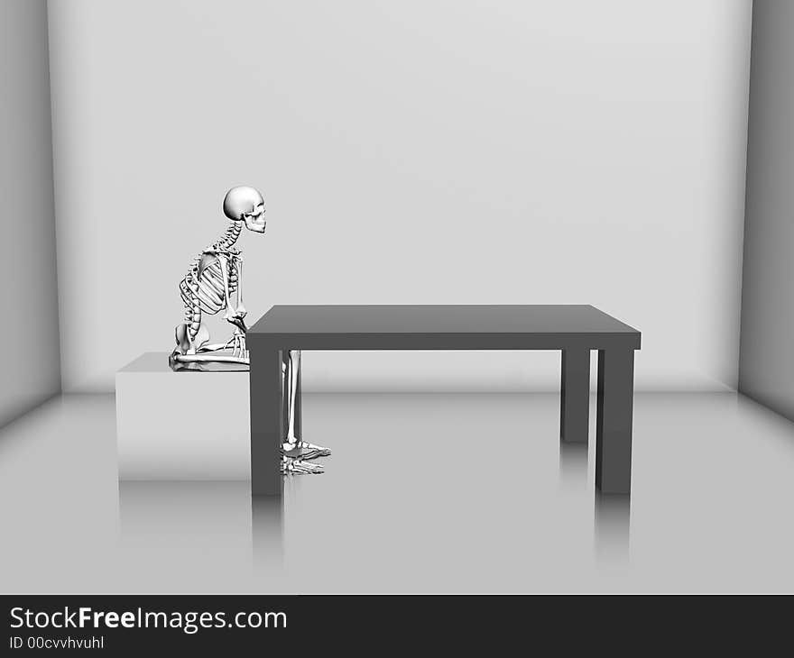 A skeleton is sitting in a 3d rendered room. A skeleton is sitting in a 3d rendered room