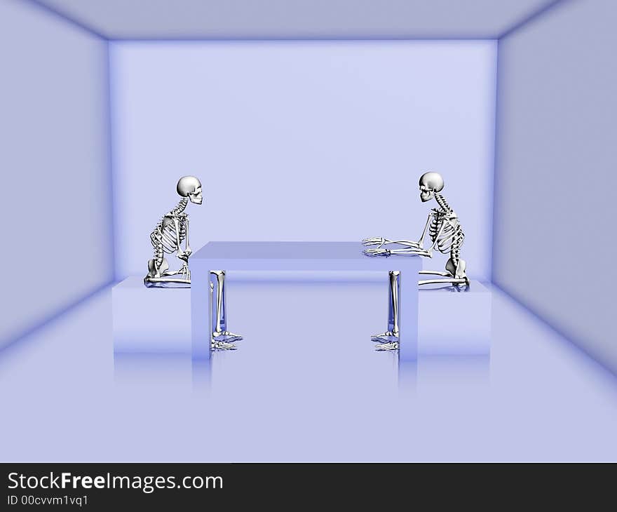 Two 3d rendered skeletons are sitting in a room. Two 3d rendered skeletons are sitting in a room