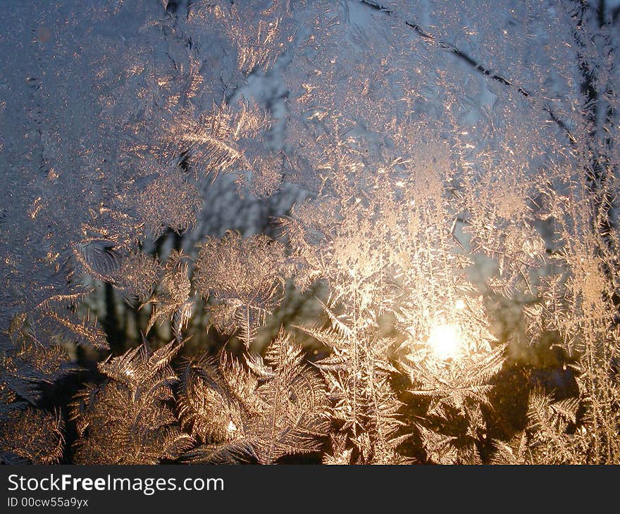 Iceflowers (frost) on window, behind glass - sunrise on cold winter day