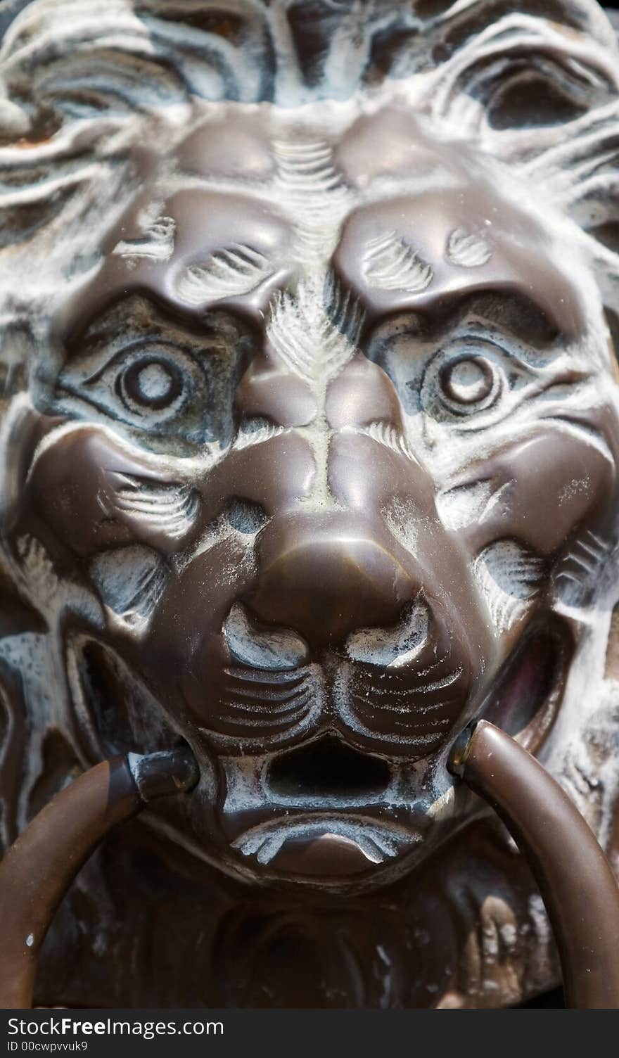 Close-up of a cast iron lion head with ring through his mouth