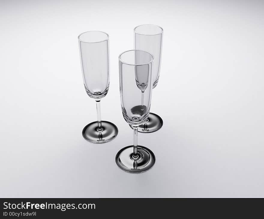 Tree empty wine glasses on white surface. It was made in 3d.