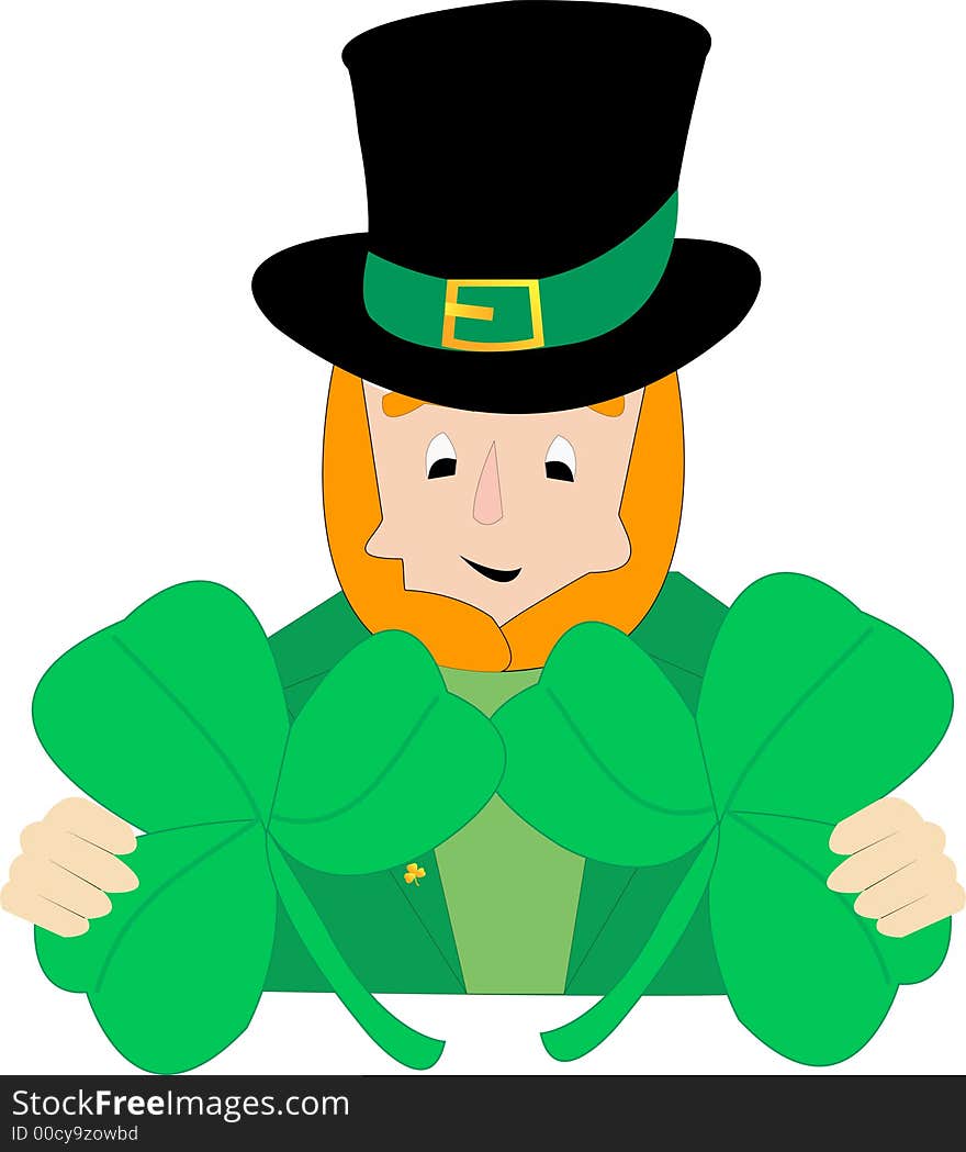 Leprechaun with two shamrocks in hands