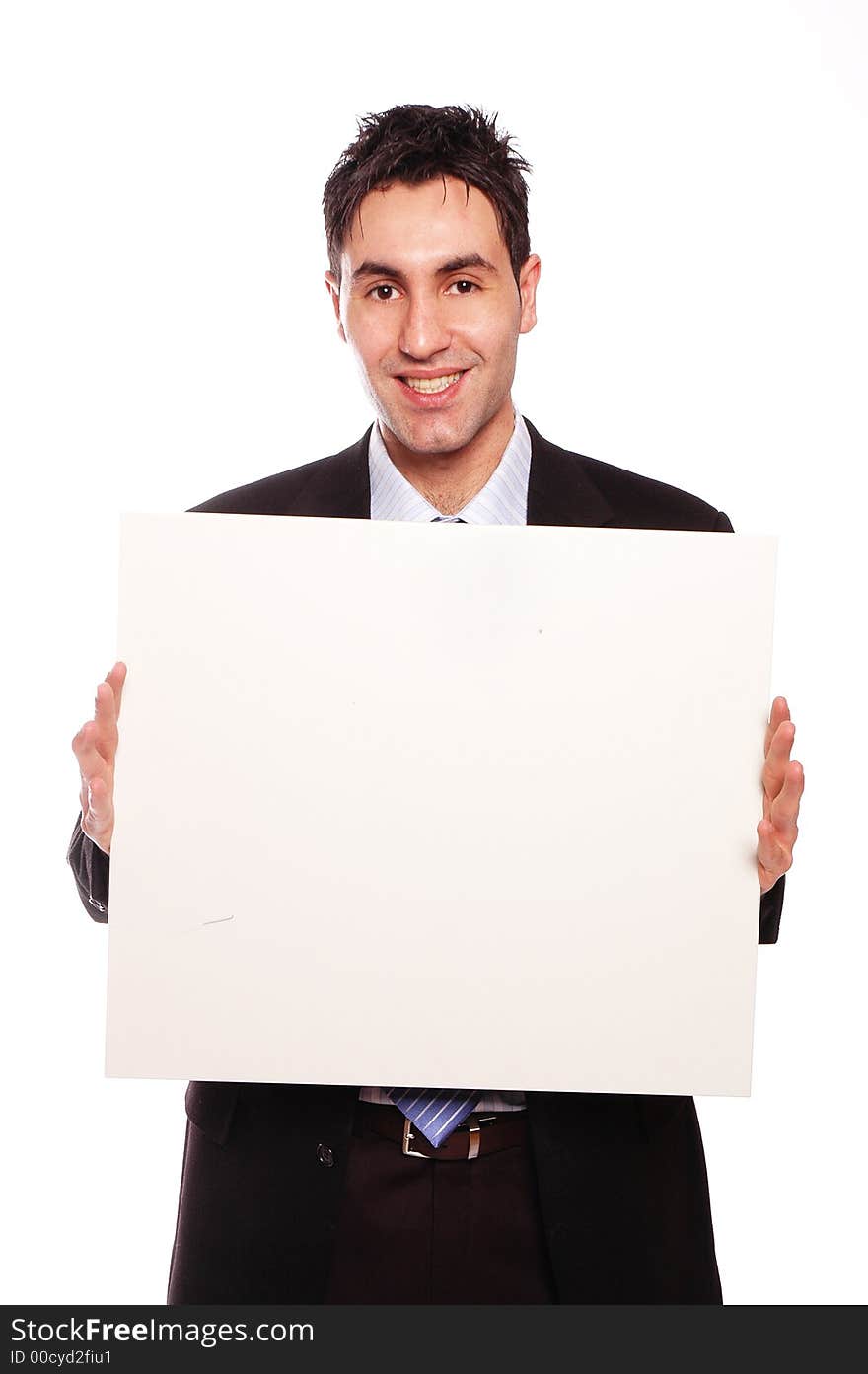 Business man is showing a blank card board. Business man is showing a blank card board