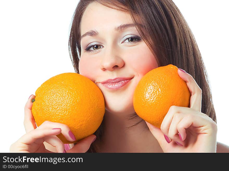 Portrait pretty girl with two orange