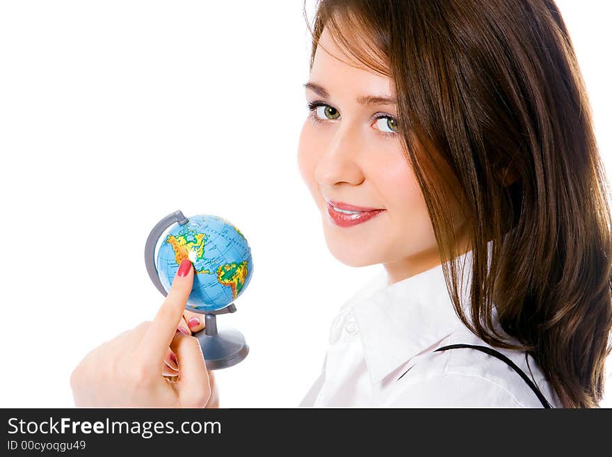 Portrait pretty girl with globe