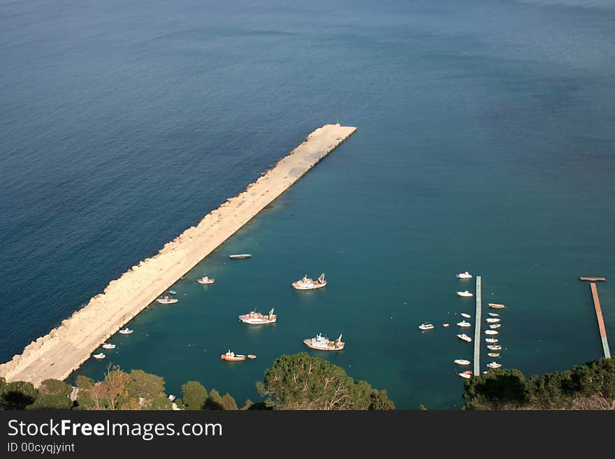 View. Sea, wharf & boats