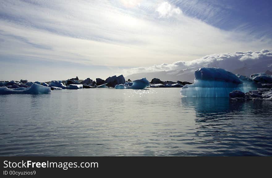 Icebergs at dusk on Jokulsarlon lagoon Iceland