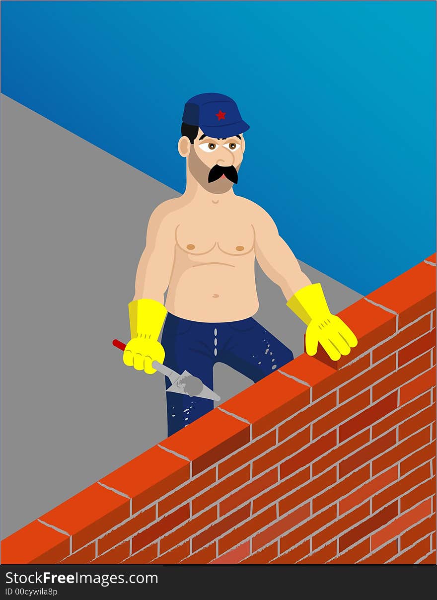 Yugoslavian construction worker building brick wall on the top of the building. Yugoslavian construction worker building brick wall on the top of the building.