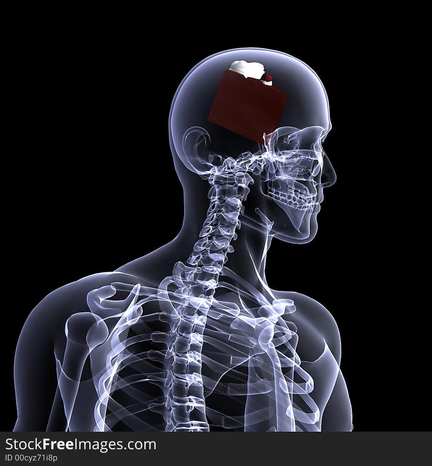 X-Ray of a male skeleton thinking about chocolate cake. Isolated on a black background. X-Ray of a male skeleton thinking about chocolate cake. Isolated on a black background