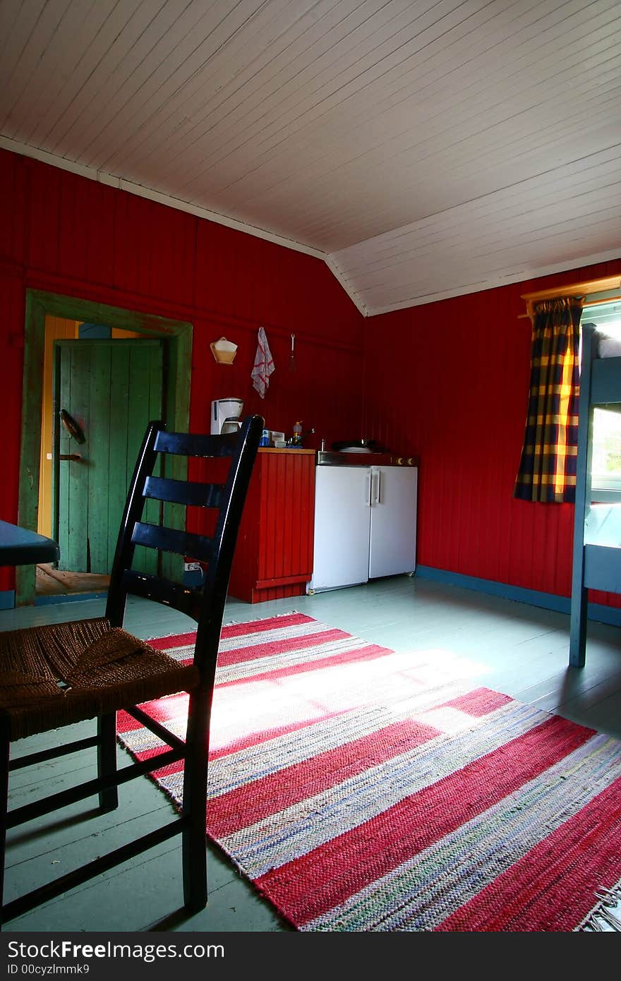 Rustic interior in a wooden chalet of the lofoten islands