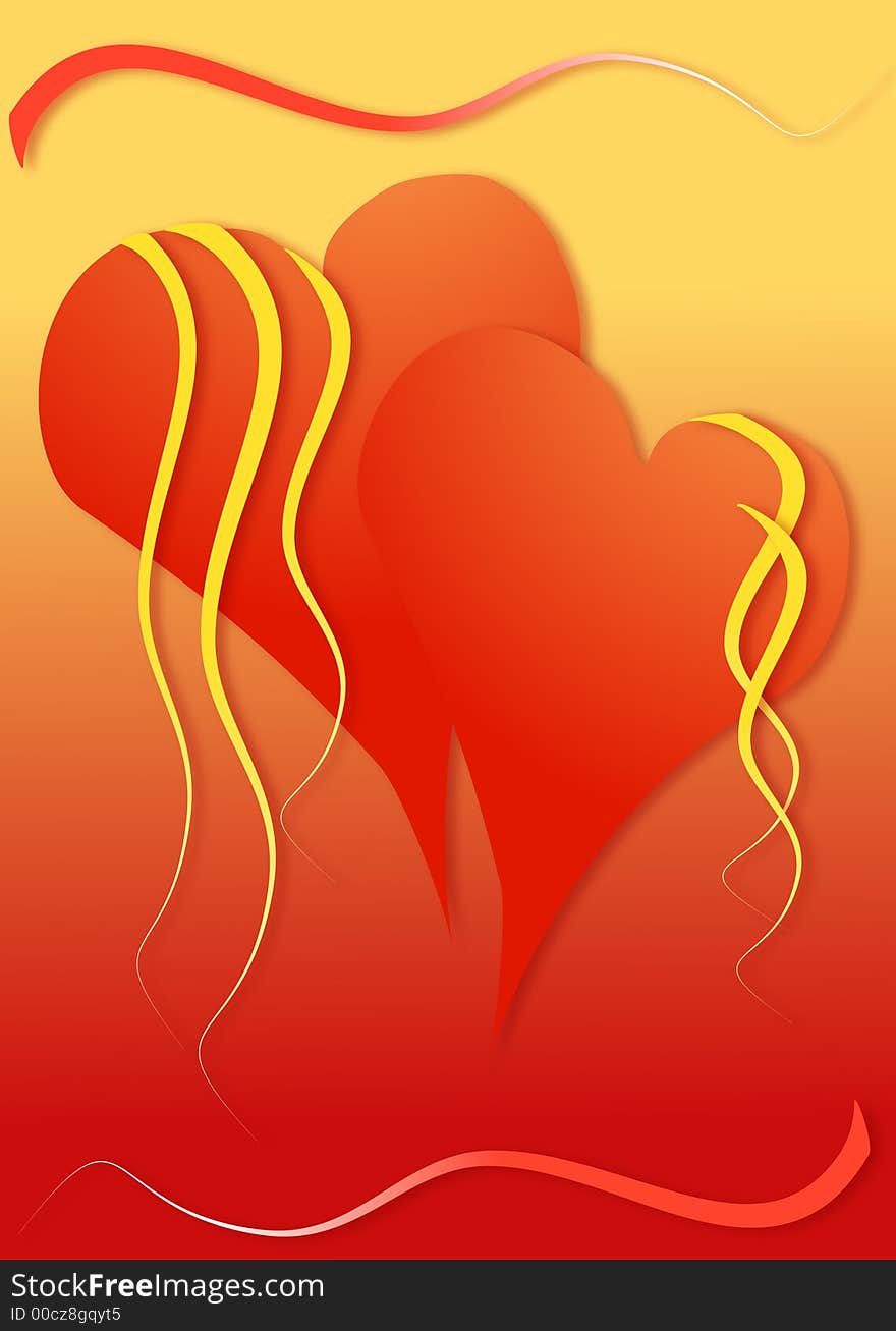 Abstract valentines background of two red and gold hearts against a red and gold background with yellow and red ribbons dangling from and surrounding the two hearts. Abstract valentines background of two red and gold hearts against a red and gold background with yellow and red ribbons dangling from and surrounding the two hearts.