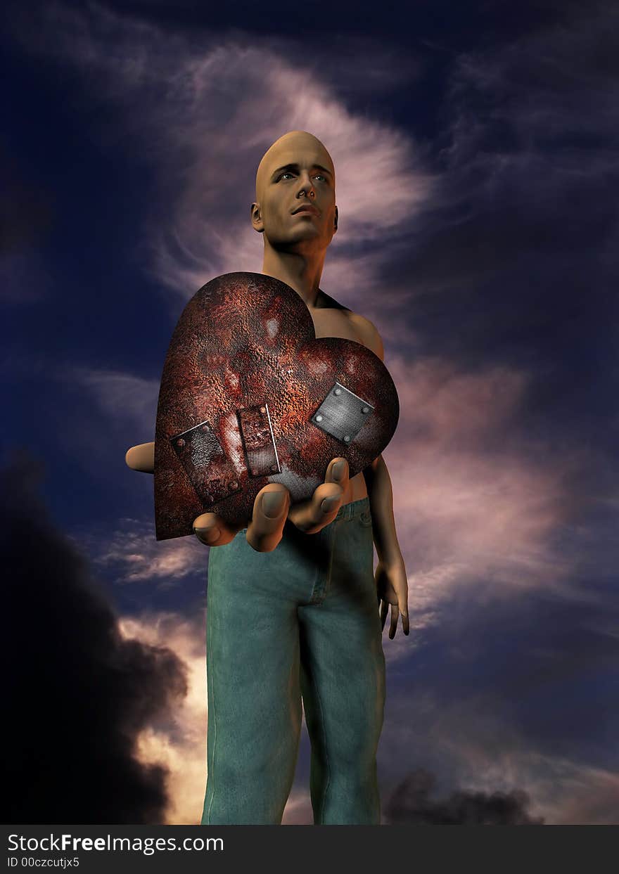 Man holds repaired old metal heart. Man holds repaired old metal heart