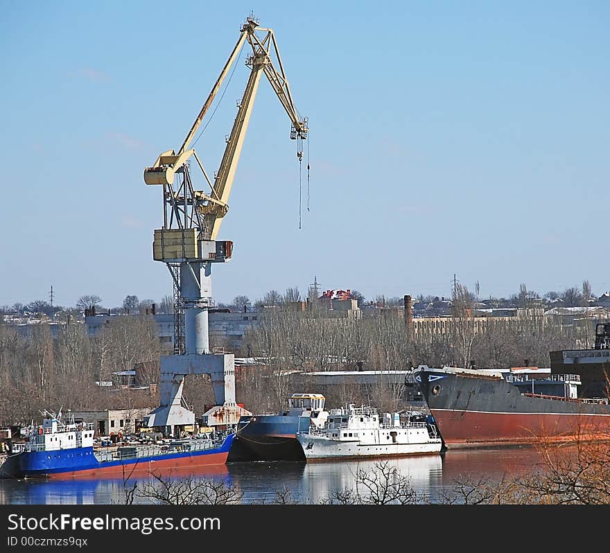 Shipbuilding crane and some sea ships