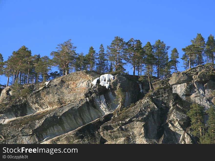 Steep cliffs with pine trees against the blue sky