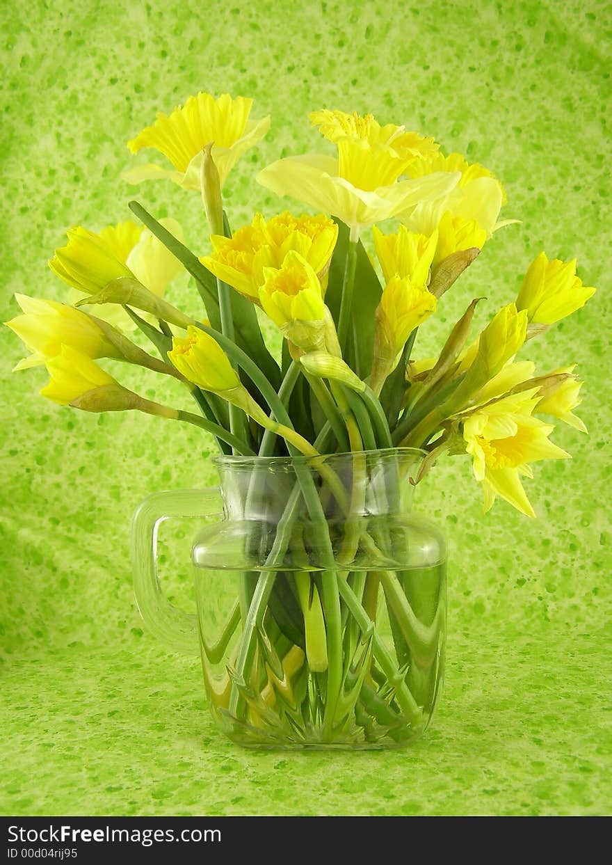 Pitcher of daffodils against a green background. Pitcher of daffodils against a green background