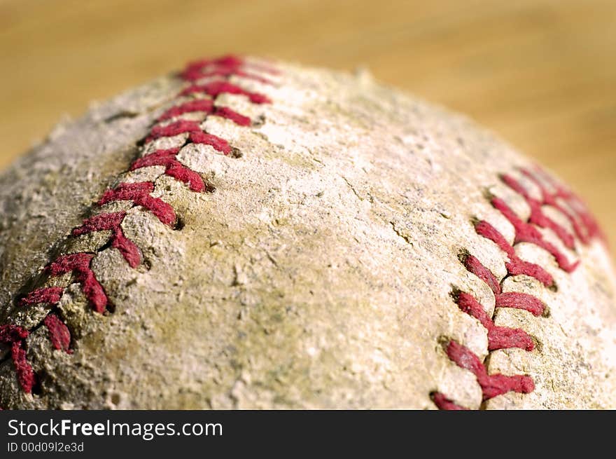 Detail closeup of a worn baseball