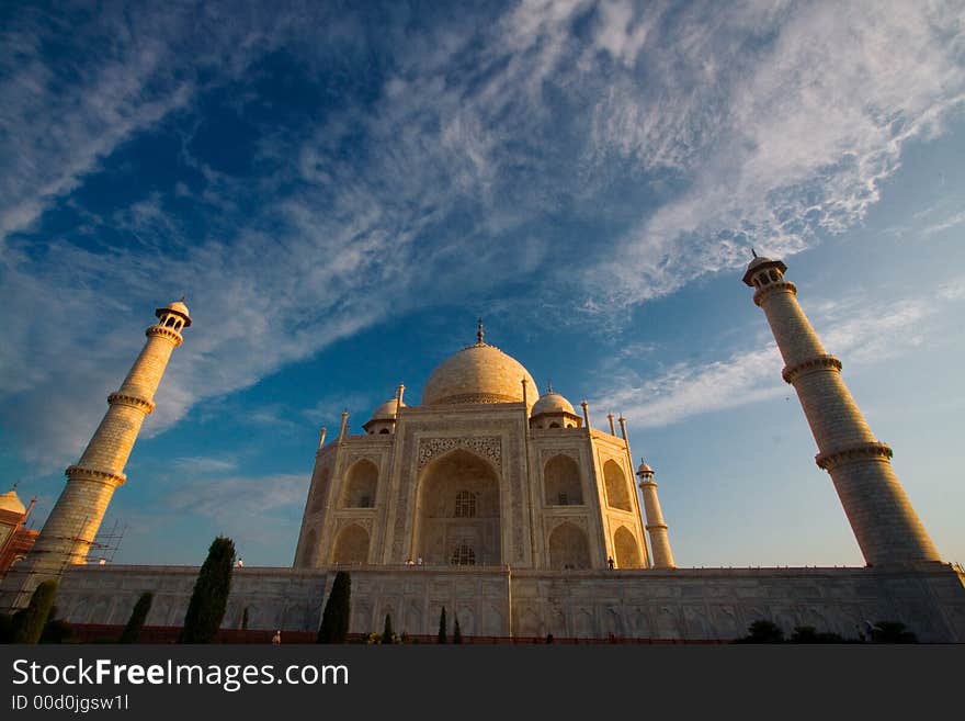 Close-up of Taj Mahal outside with deep blue sky. Close-up of Taj Mahal outside with deep blue sky