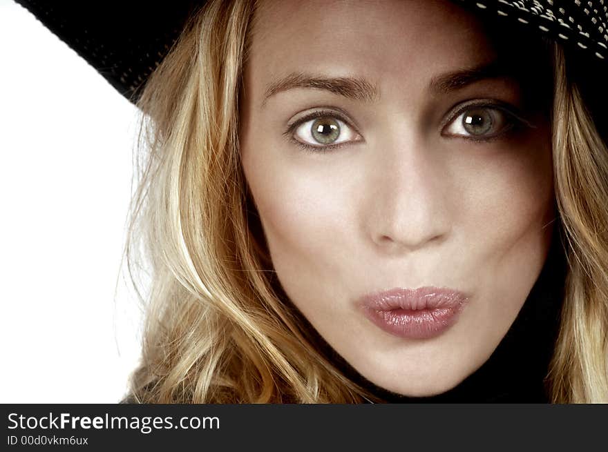 Beautiful and Playful Woman In hat isolated on white. Beautiful and Playful Woman In hat isolated on white