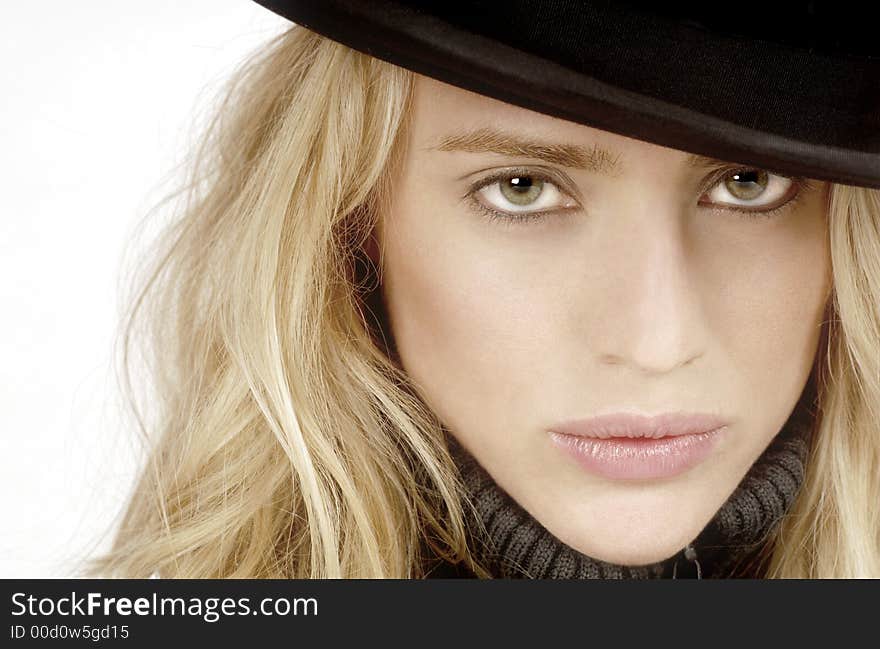 Beautiful Blond Model with Vintage bowler Hat On white. Beautiful Blond Model with Vintage bowler Hat On white