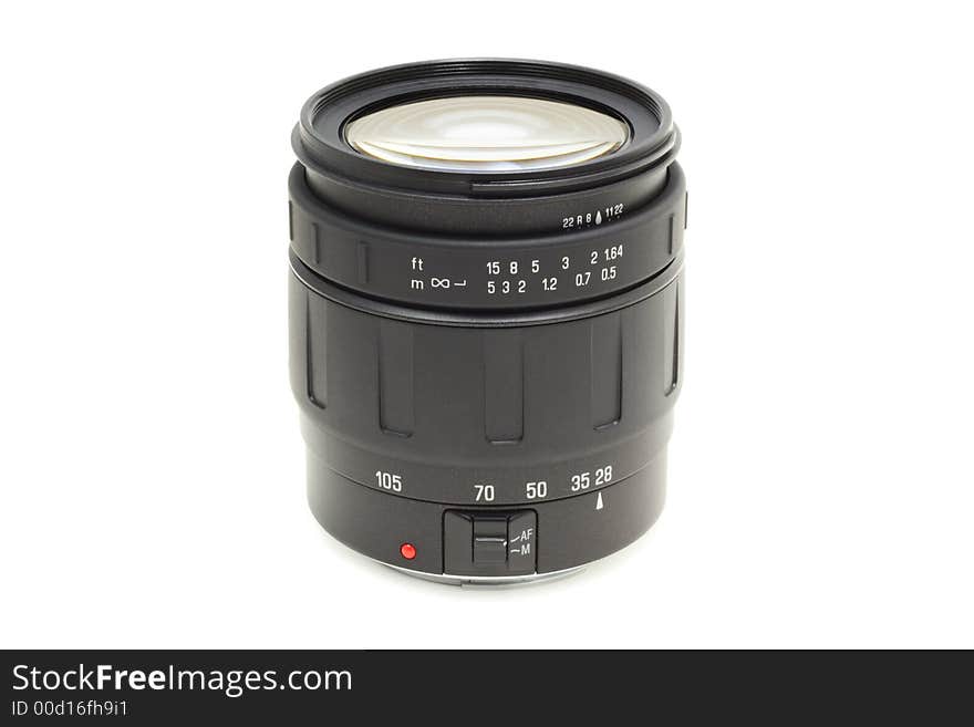 High-quality auto focus optic lens for DSLR on a white background with pretty shadow. High-quality auto focus optic lens for DSLR on a white background with pretty shadow