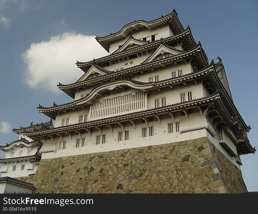 Looking at the top of the Himeji Castle in Himeji, popular sight among tourist and visitors to Japan