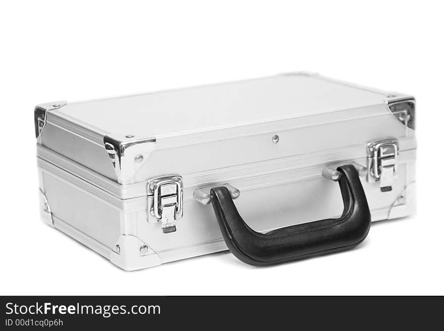 A hard metal case with plain sides, isolated on a white background.